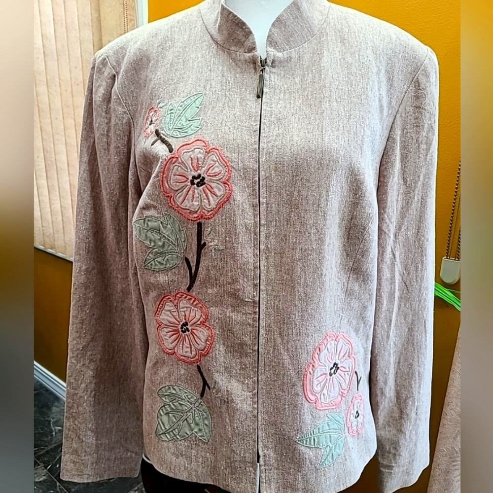 Dress Barn Tan Linen Floral Patches Women's Blazer Size 10 Casual Coastal